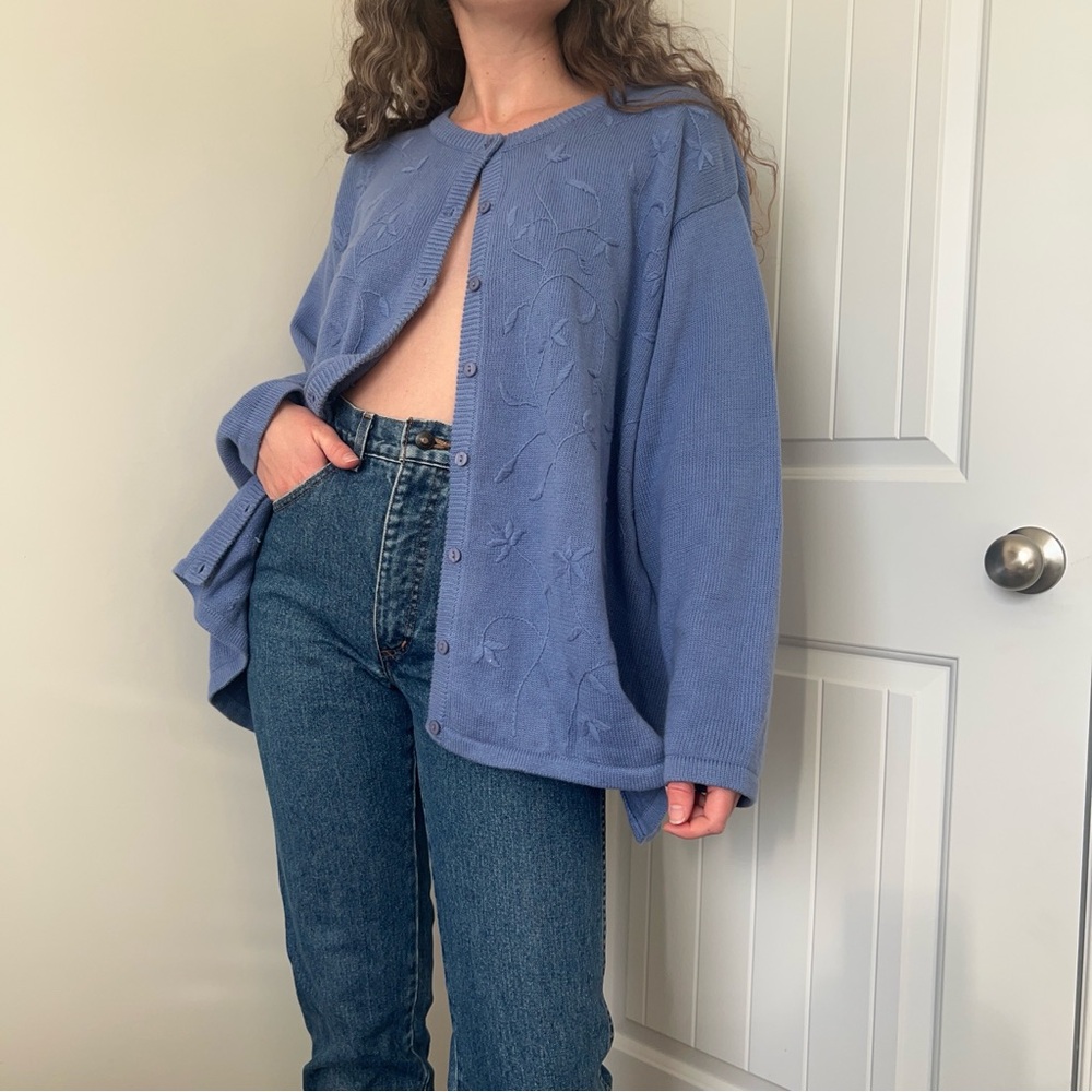 Vintage Blue Floral Embroidered Cardigan Sweater